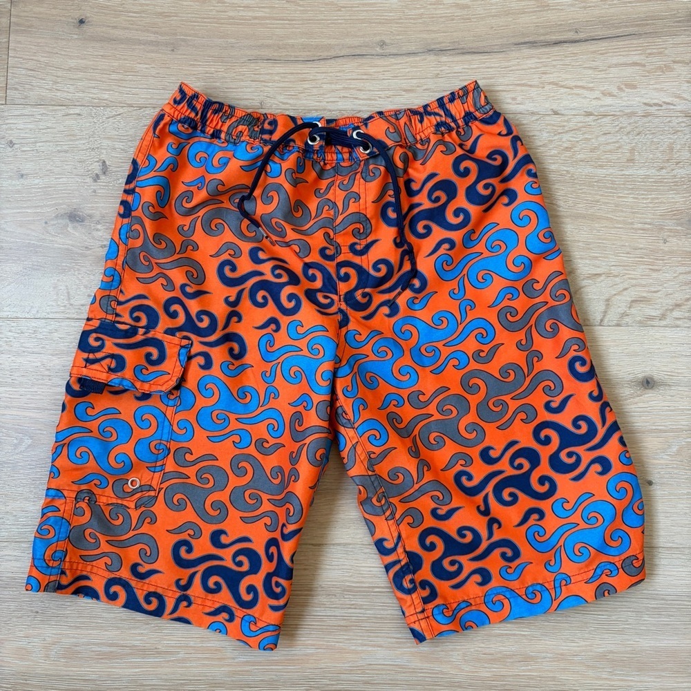 Hanna Andersson Boys Swim Trunks Sz 140 (9-10) Orange Blue Wave Print Lined*X